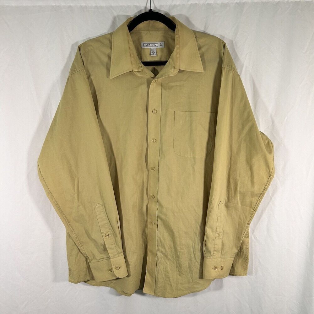 Linea Uomo Dress Shirt Mens 17.5 34/35 Yellow Button Up Long Sleeve